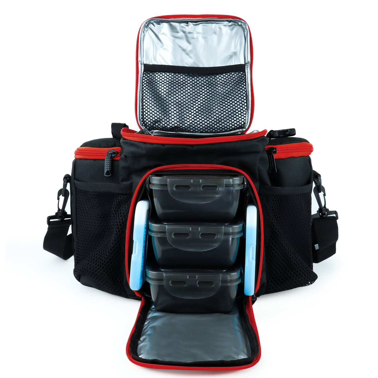 FXF Sports Meal Prep Bag - Insulated Lunch Box w/ 3 Portion Control Containers Black/Red/Yelow/Blue